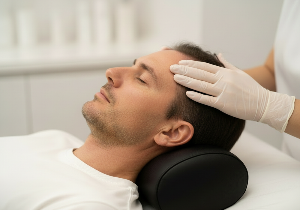 Follicle and scalp stimulating massage at the hairline for men